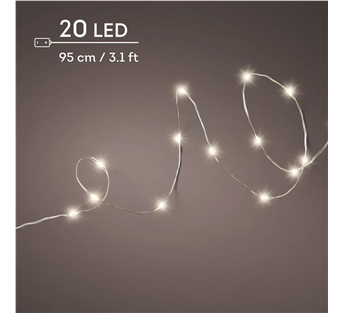 Lumineo Micro-LED-Stranglichterkette – Warmweiß · Kabel silber · 8 Funktionen / Twinkle · Batterie