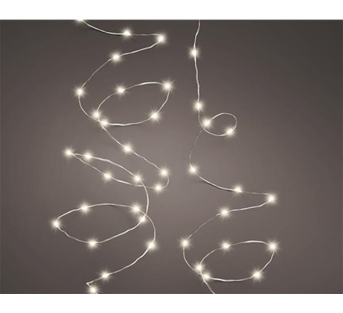 Lumineo Durawise Micro-LED-Stranglichterkette – Warmweiß · Kabel silber · 8 Funktionen / Twinkle · Batterie